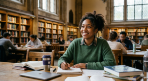 A joyful young scholar smiling while studying diligently, illustrating the Christian scholarship hope and support provided by the Boswell Family Charity Foundation.