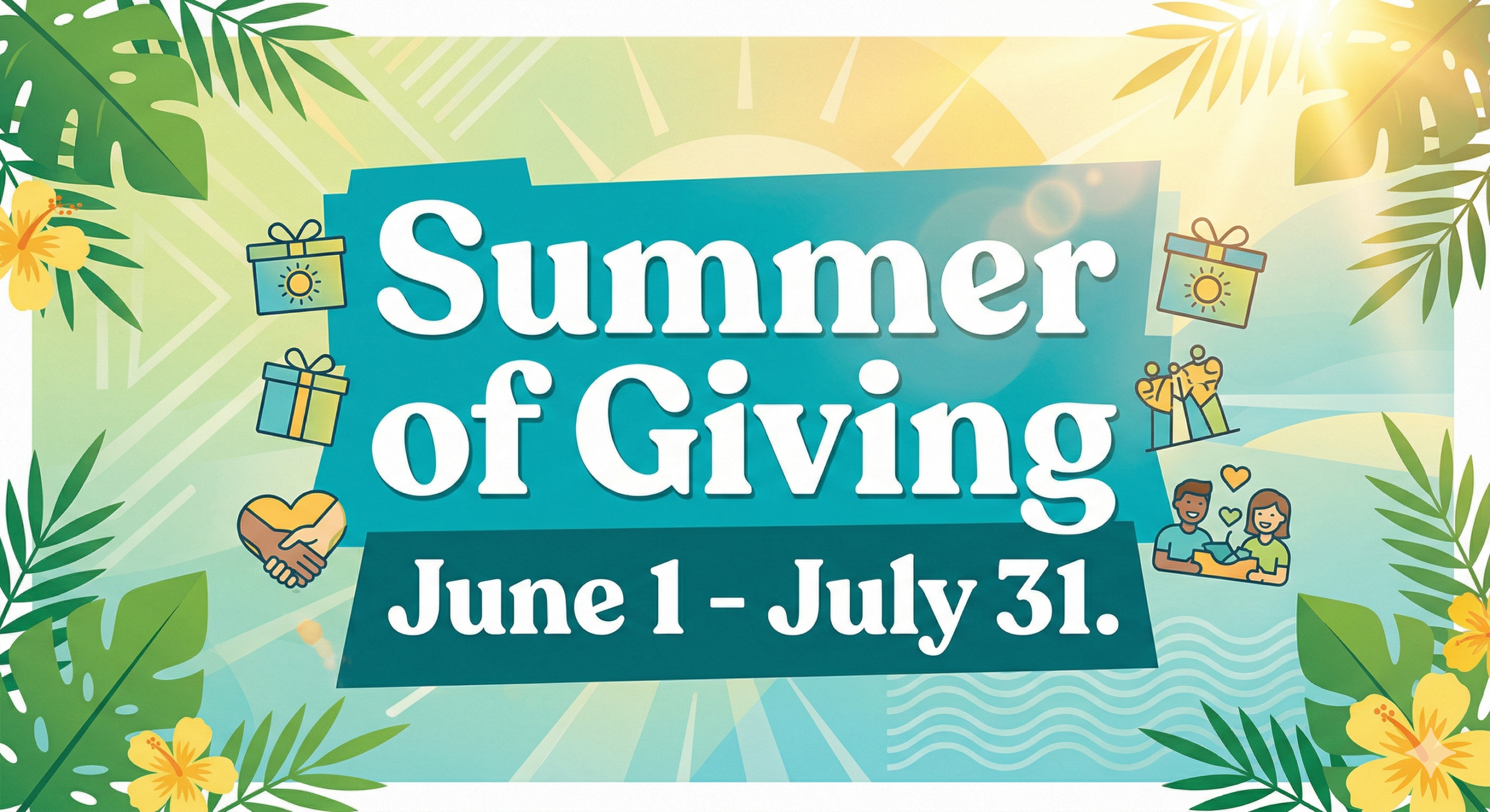 A bright, engaging graphic with vibrant green summer aesthetics and sunlight flares, displaying the text "Summer of Giving: June 1 - July 31" to announce the BFCF summer fundraising campaign.