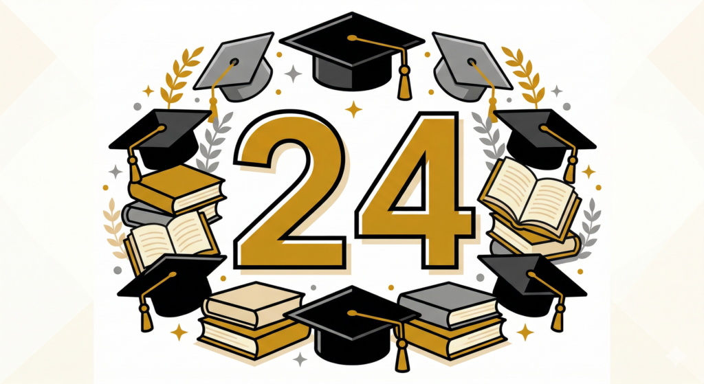 A graduation cap resting on a stack of books next to a glowing golden number 24, celebrating the twenty-four BFCF scholarship applicants for the 2026 program.