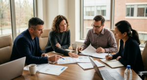 A group of professional board members gathered around a table, diligently reviewing documents and materials from the 2026 BFCF scholarship applicants.