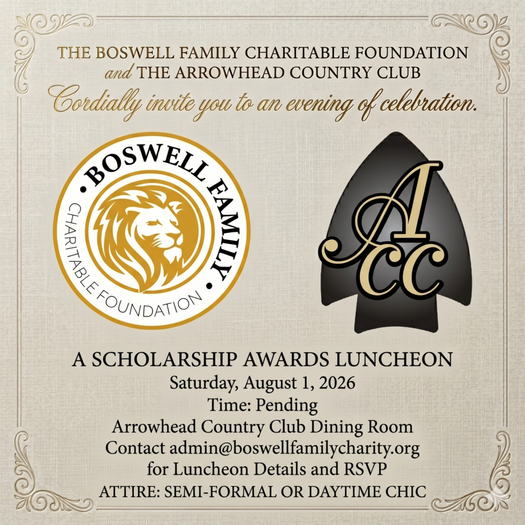 Official invitation for the BFCF Scholarship Awards Luncheon at Arrowhead Country Club on August 1, 2026. Features the BFCF lion logo and the ACC venue logo with semi-formal attire requirements.