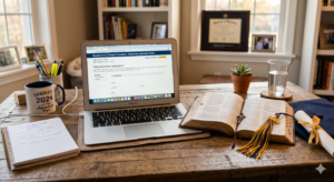 A Christ-centered scholarship application workspace featuring an open Bible with a cross, a graduation cap and tassel, and a laptop displaying the Boswell Family Charitable Foundation scholarship portal on a wooden desk.