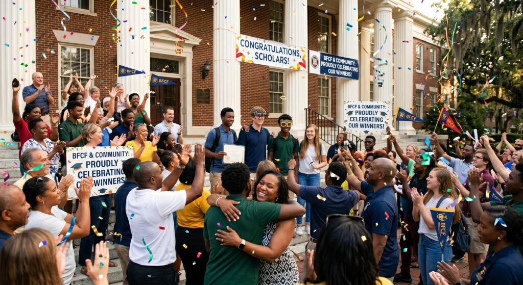 A diverse group of university students and faculty members celebrating on the steps of a building, with a banner that says "CONGRATULATIONS SCHOLARS!". Confetti is in the air.