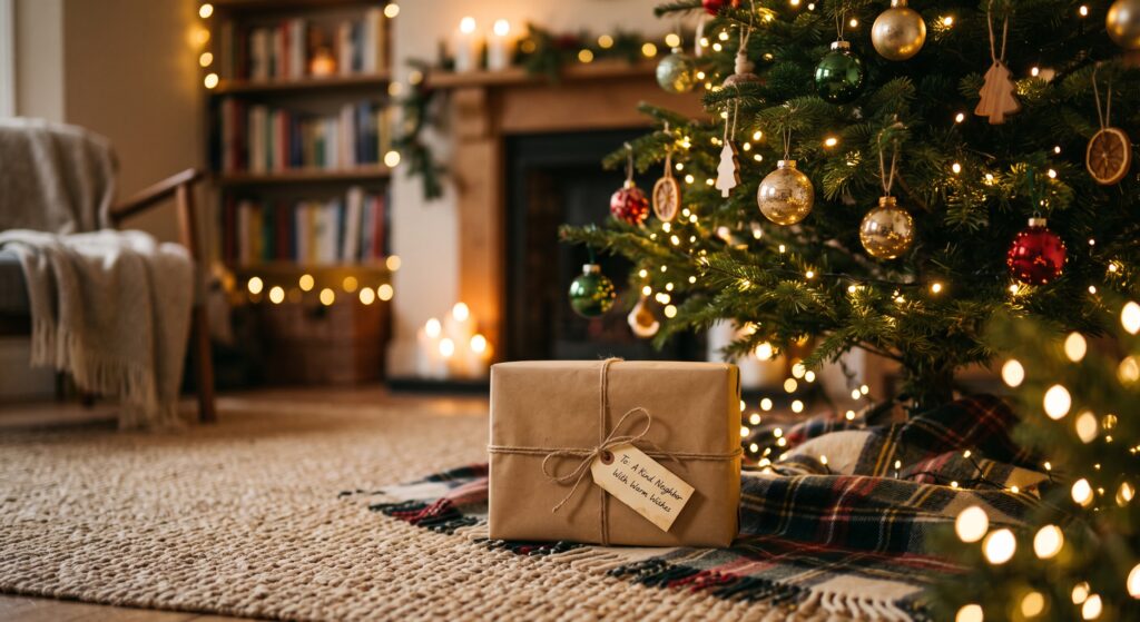 A simply wrapped holiday gift sitting under a decorated Christmas tree with a tag that reads "To: A Kind Neighbor with warm wishes."
