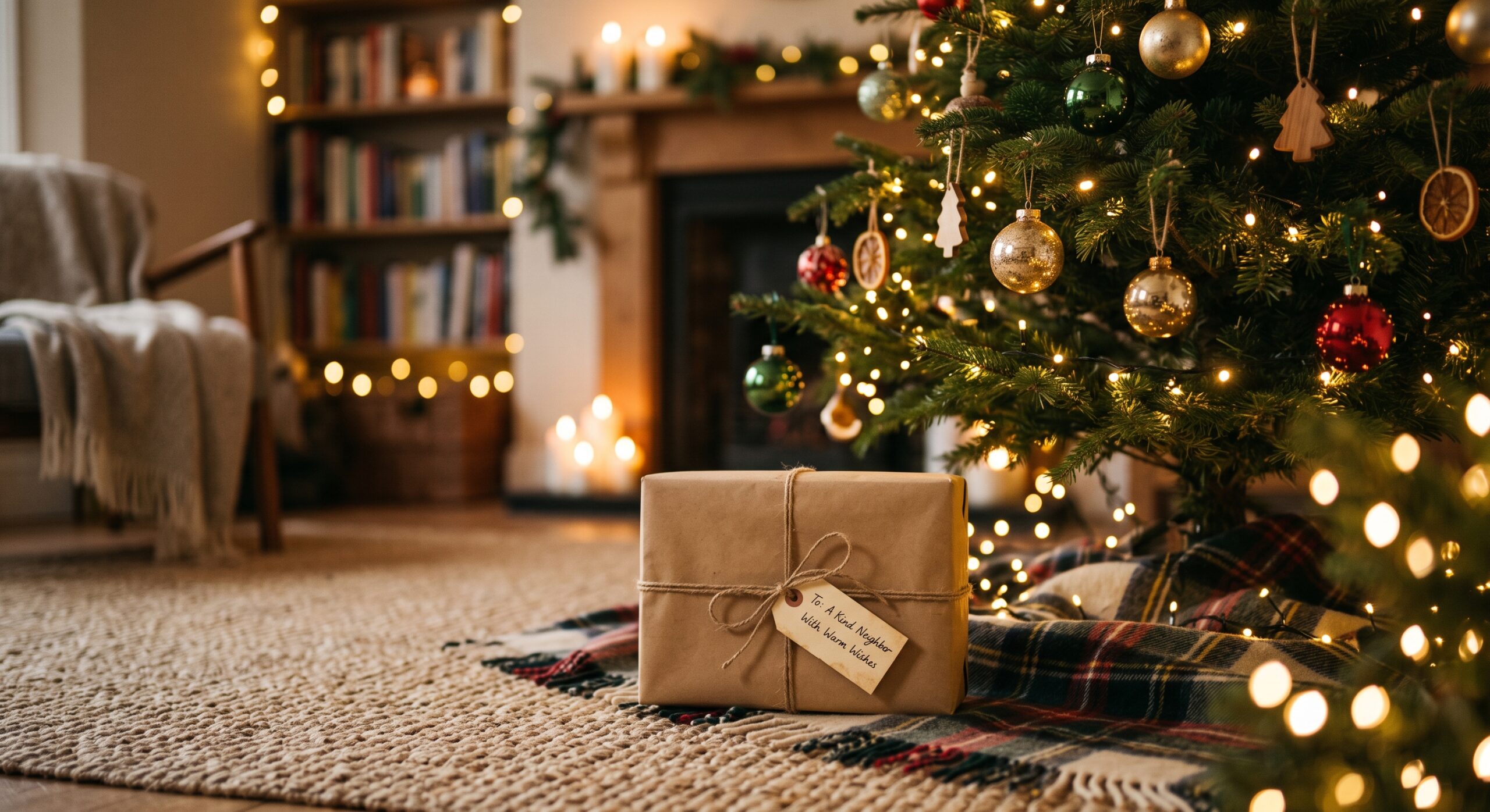 A simply wrapped holiday gift sitting under a decorated Christmas tree with a tag that reads "To: A Kind Neighbor with warm wishes."