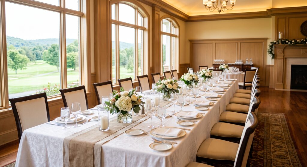 A long banquet table elegantly set for a formal Boswell Family Charitable Foundation event, featuring white floral centerpieces and large windows overlooking a green landscape.