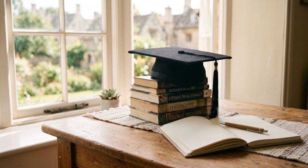 A black graduation mortarboard sitting atop a stack of academic textbooks next to a blank, open notebook and a wooden pen on a desk by a bright window.