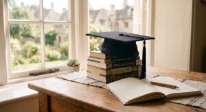 A black graduation mortarboard sitting atop a stack of academic textbooks next to a blank, open notebook and a wooden pen on a desk by a bright window.