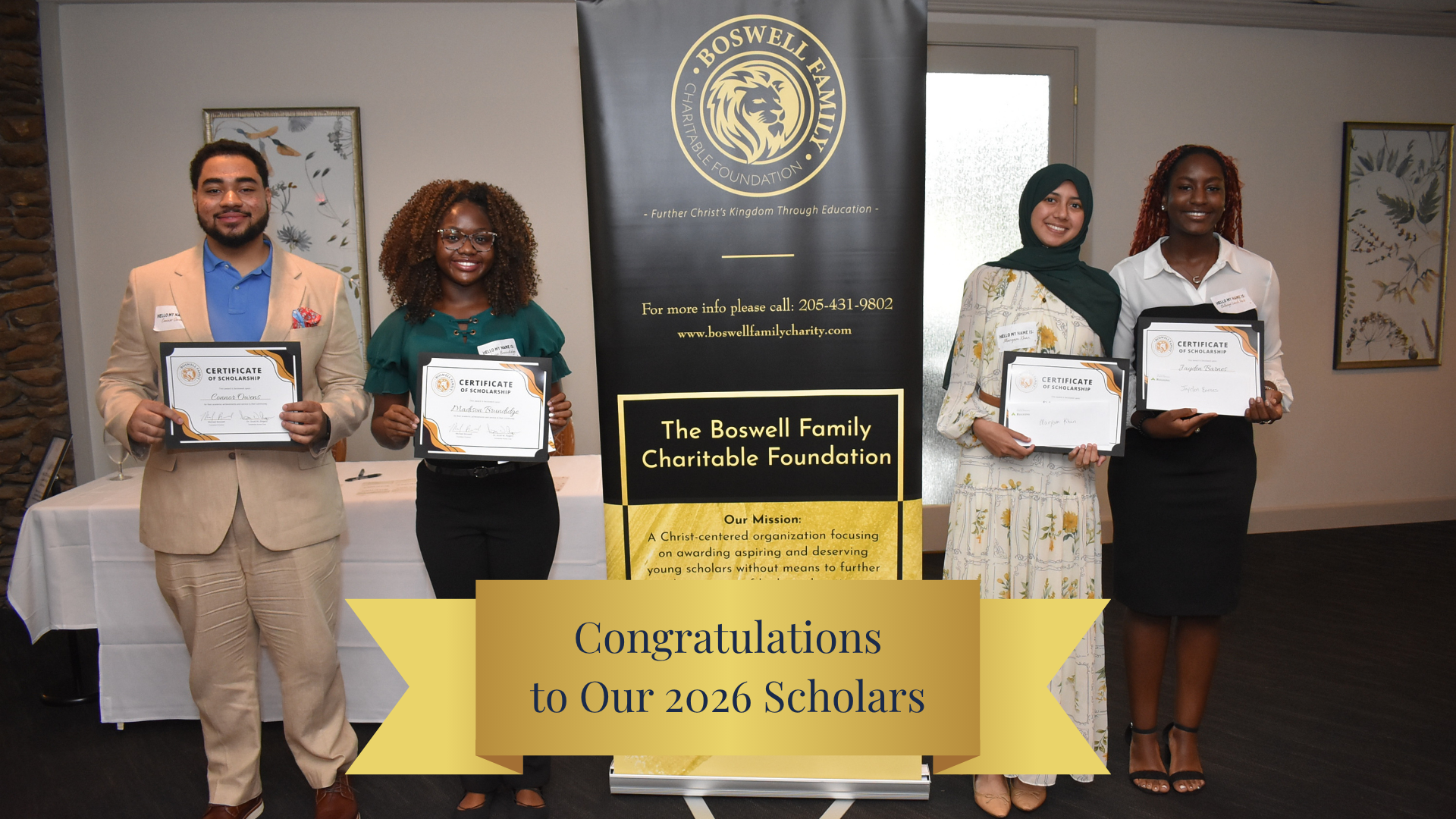 Four Boswell Family Charitable Foundation 2026 scholarship recipients holding award certificates at the annual foundation luncheon in Montgomery Alabama.