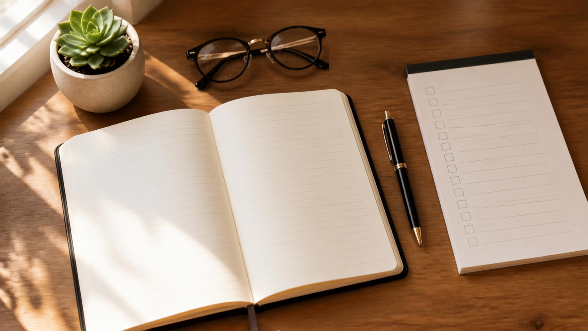 An open blank journal, checklist notepad, pen, eyeglasses, and succulent plant on a wooden desk bathed in natural morning light.
