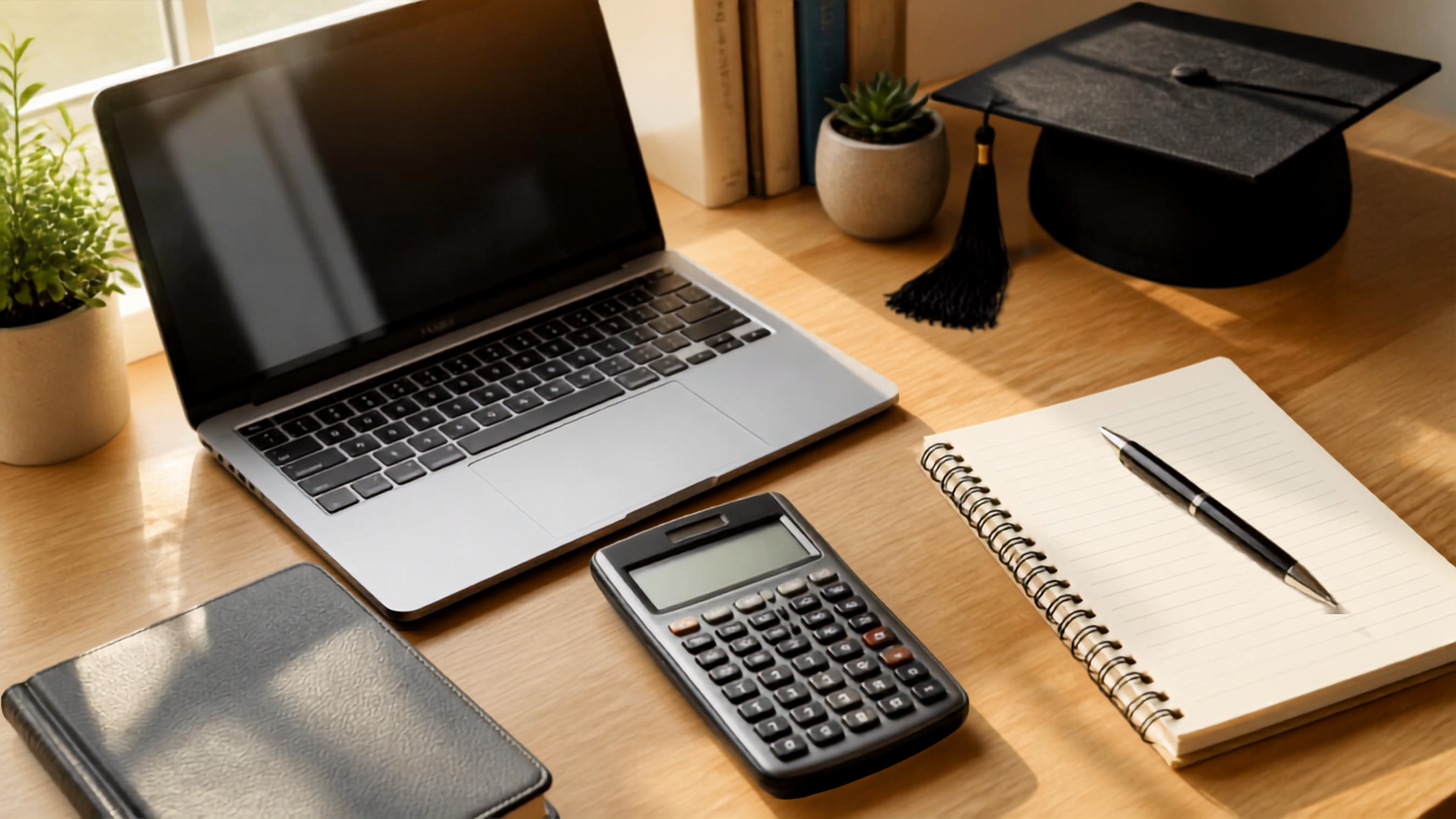 A wooden student desk with an open laptop, calculator, spiral notebook with pen, planner, and graduation cap in soft window light.