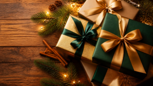 Elegantly wrapped green and gold Christmas present boxes tied with satin bows on a rustic wooden table with pine branches, cinnamon sticks, and fairy lights.