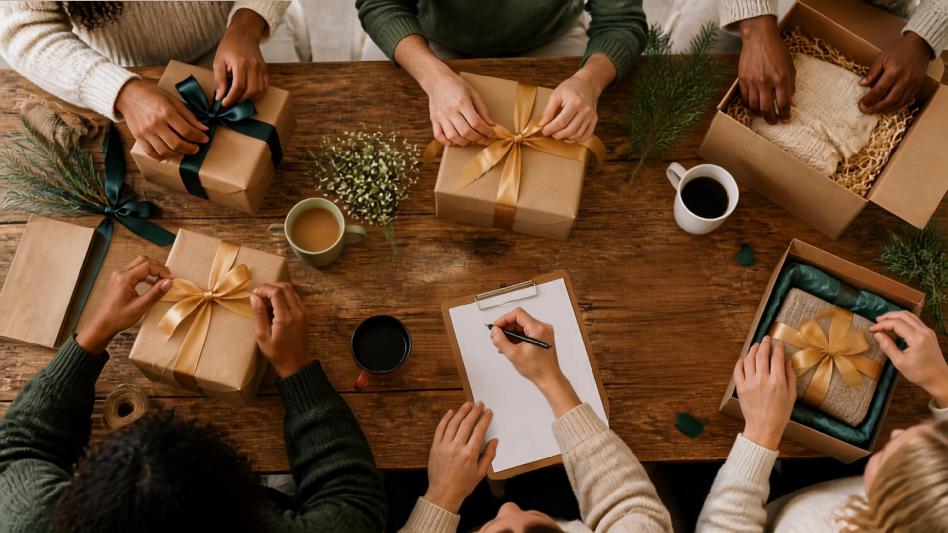 Overhead view of community volunteers gathered around a wooden table wrapping holiday gifts in brown paper and satin ribbons with a clipboard checklist.